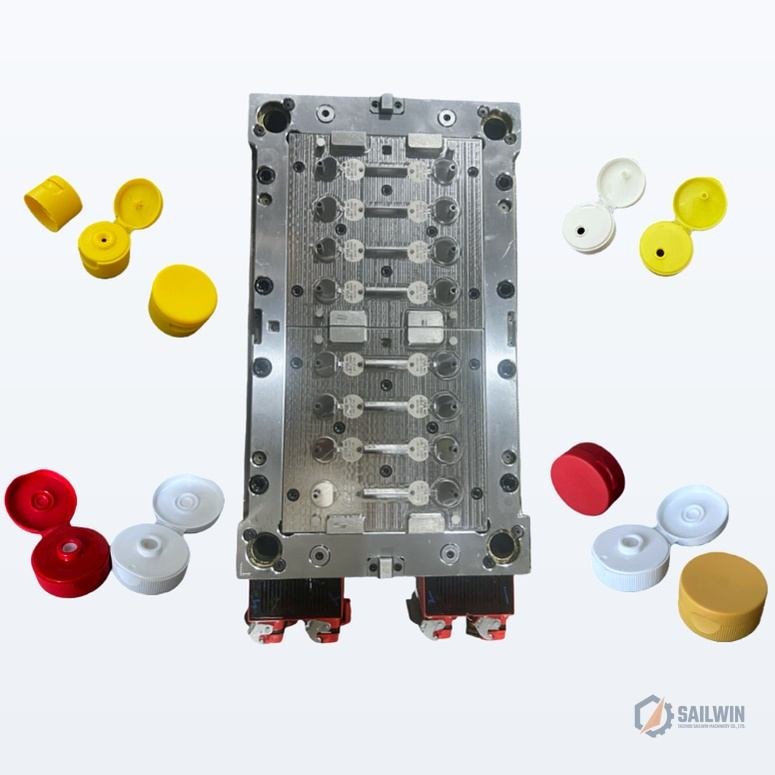 16-cavity cosmetic flip-top cap mold plate with assorted colored closures on studio background Sailwin