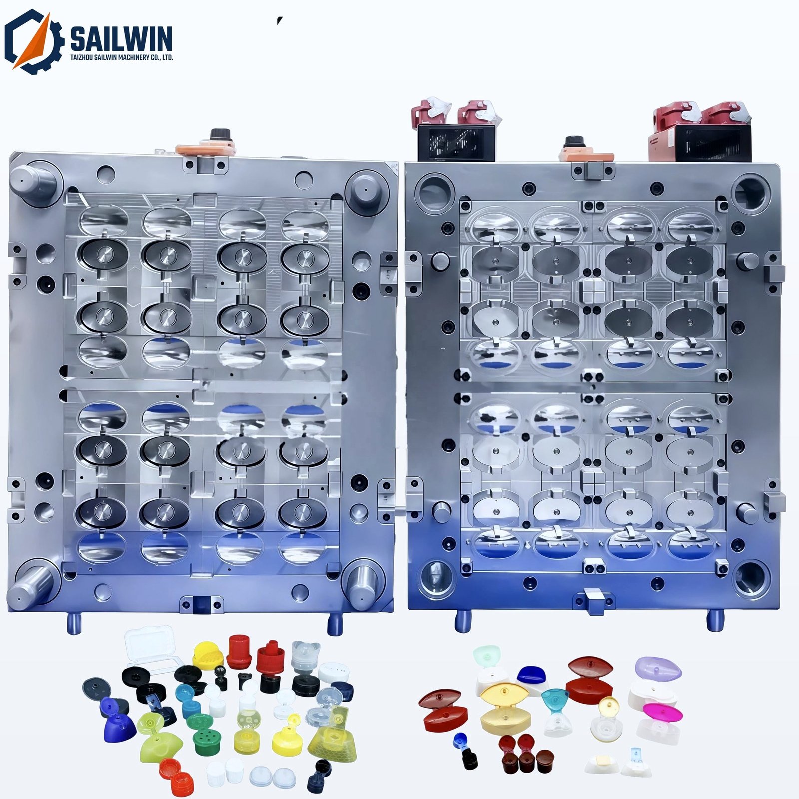 24-cavity oval flip-top condiment cap injection mold tooling with multi-color cap samples Sailwin