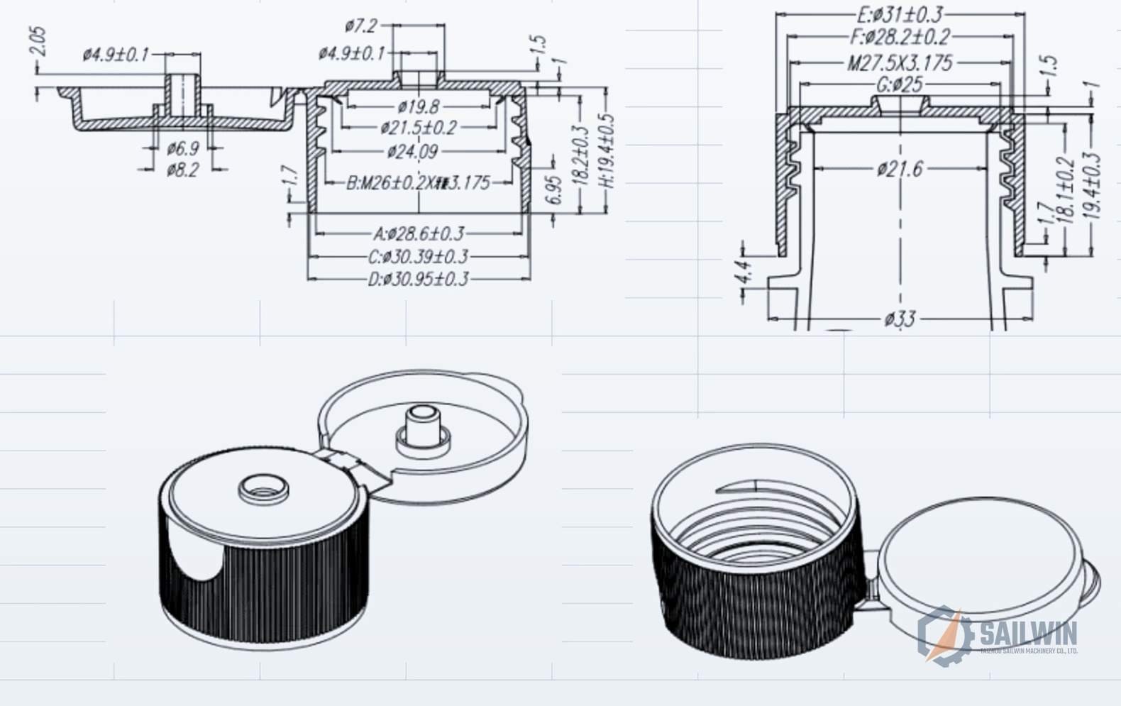 28mm condiment flip-top squeeze cap dimensional CAD engineering drawing with cross section Sailwin