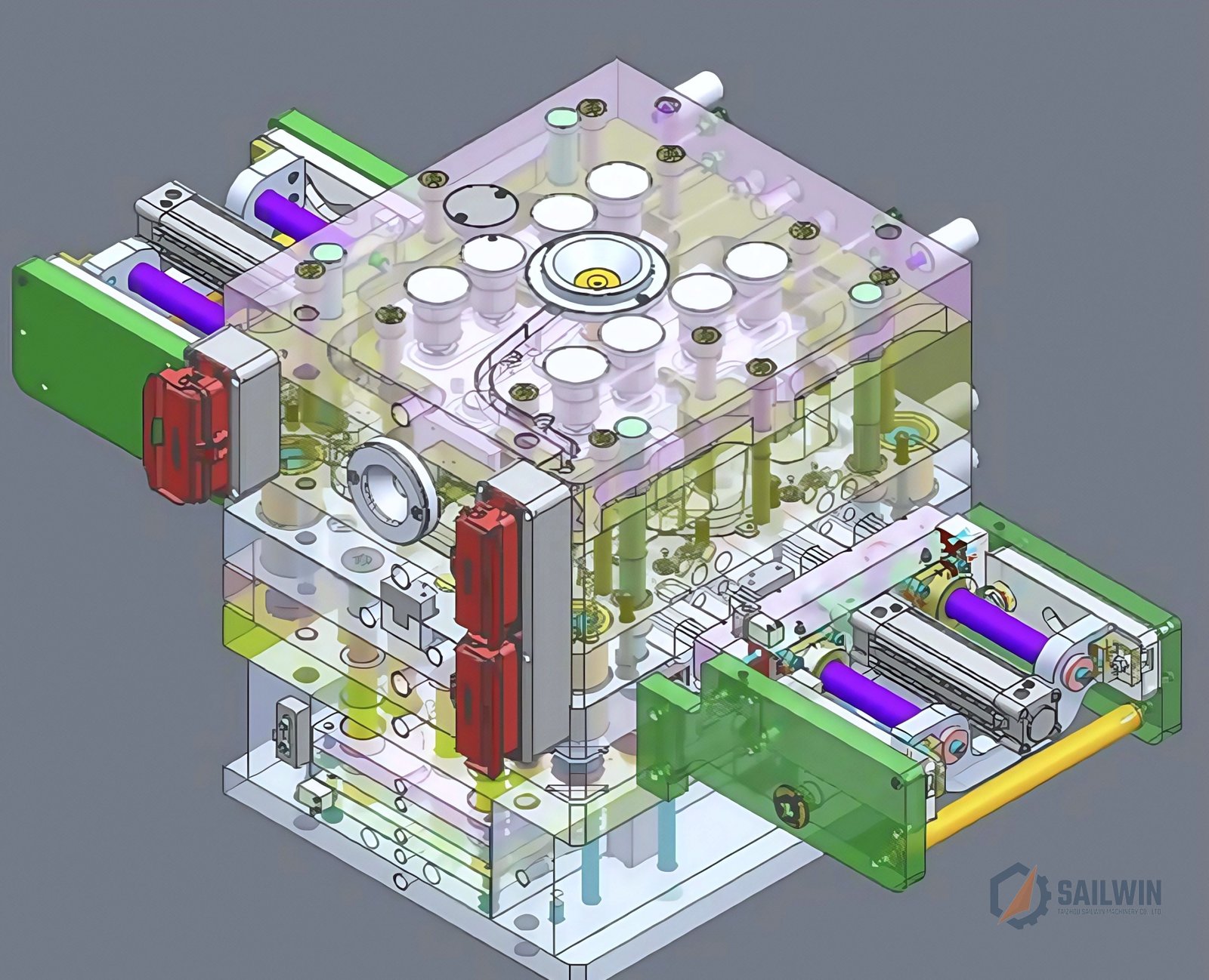 3D CAD transparent wireframe model of hot runner sauce cap mold showing cooling circuits Sailwin
