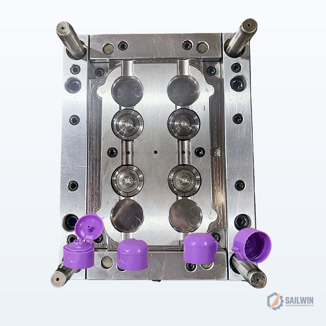 4-cavity cosmetic oval flip-top cap injection mold plate with molded purple shampoo caps Sailwin
