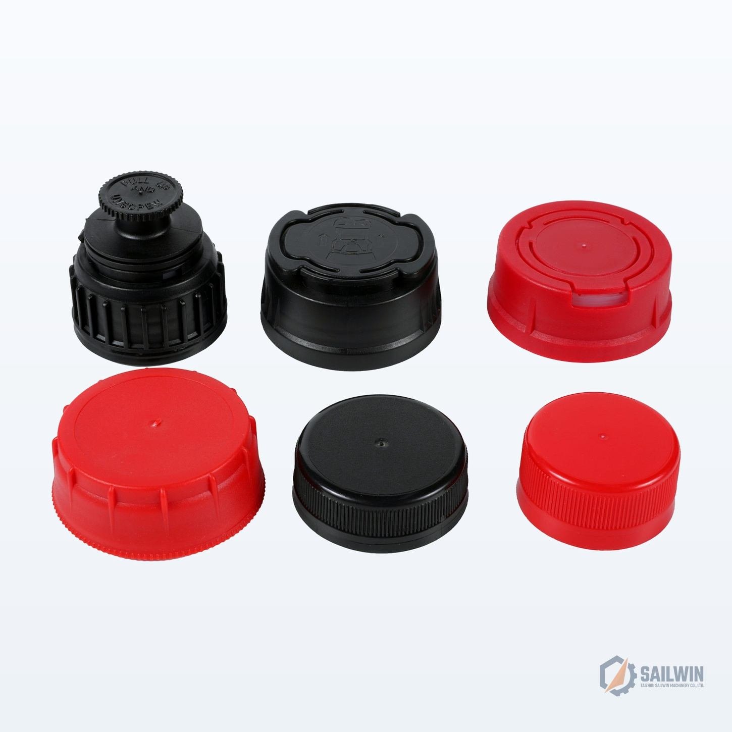 6-piece multi-color motor oil and detergent bottle caps lineup with pull-out spouts Sailwin