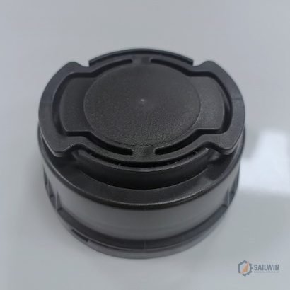Black motor oil pull-out spout cap top view with embossed directional pull-ring Sailwin