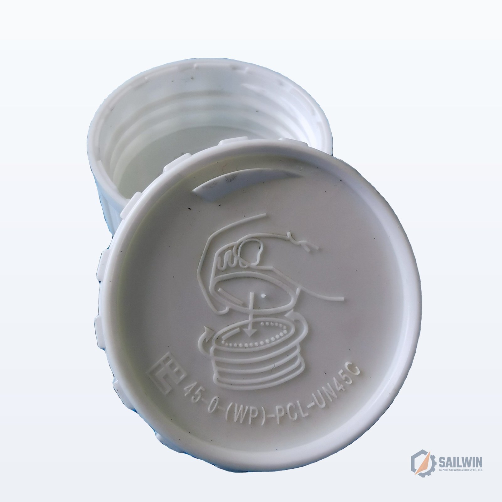 Child resistant push and turn safety cap with embossed pictogram instruction and internal threads Sailwin