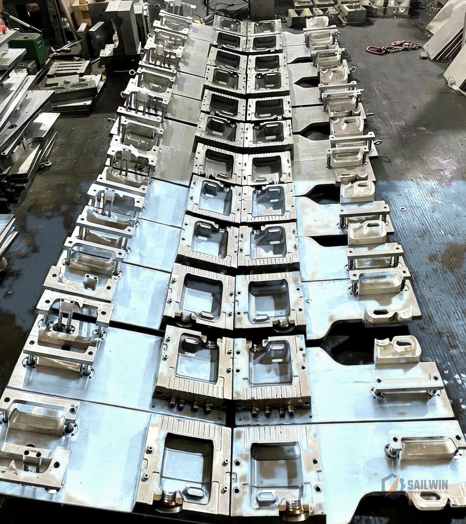 Continuous extrusion blow mold lineup for motor oil jugs Sailwin