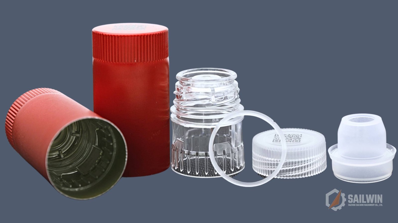 Exploded components of anti-counterfeit aluminum-plastic wine bottle cap showing shell insert bead valve and glass ball Sailwin