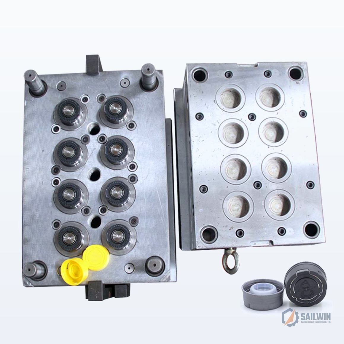 Heavy-duty motor oil spout cap injection mold with dual threaded cores and tamper-evident ring Sailwin