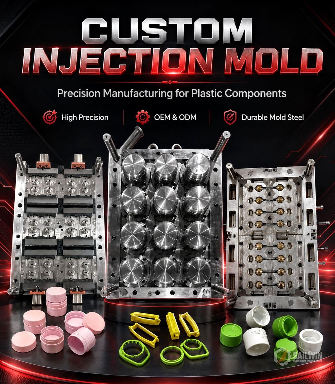 High-precision plastic injection molds for cosmetic jars and closures on dark display stage Sailwin