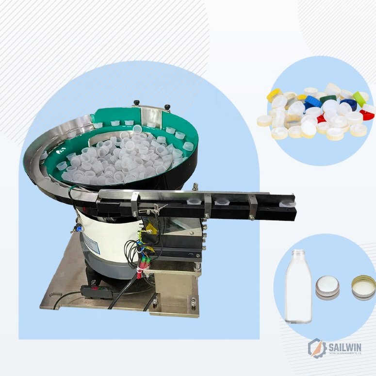 High-speed vibratory bowl cap feeder with linear sorting track for rotary cap lining machine Sailwin