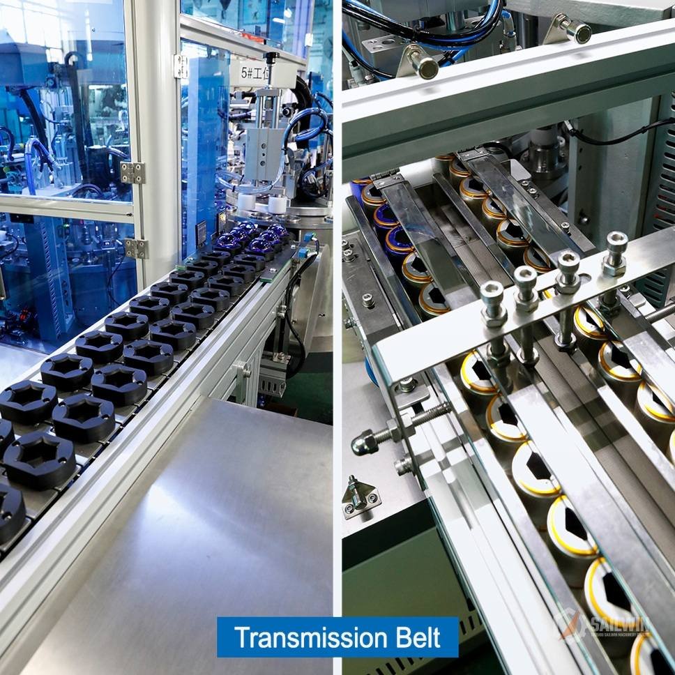 Linear cap transmission belt and sorting track for wine closure assembly Sailwin