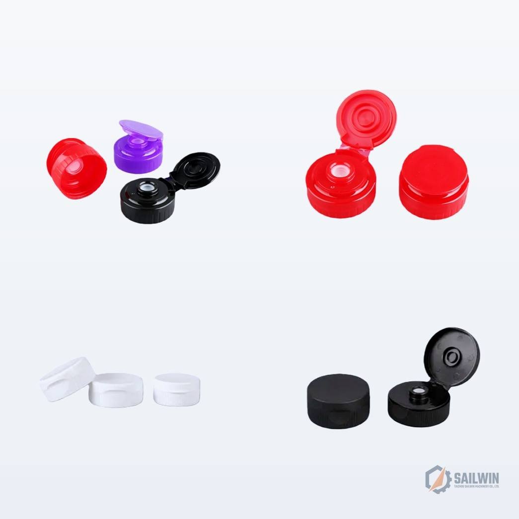 Luxury cosmetic flip-top dispensing closures in red black white and purple with silicone valve Sailwin