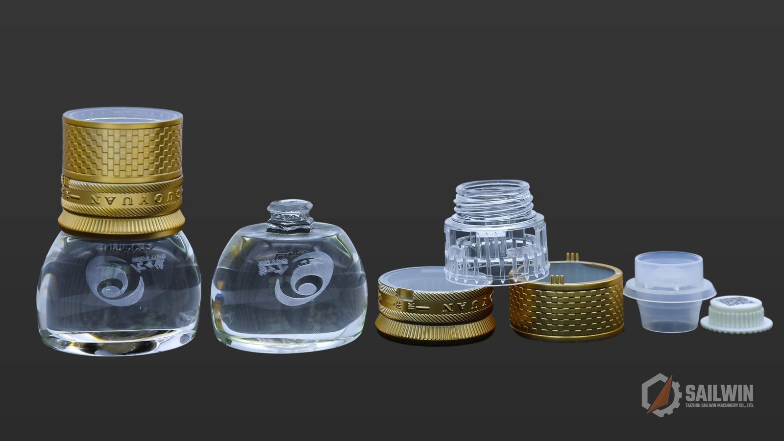 Luxury glass spirits bottles with assembled aluminum plastic wine caps on dark background Sailwin