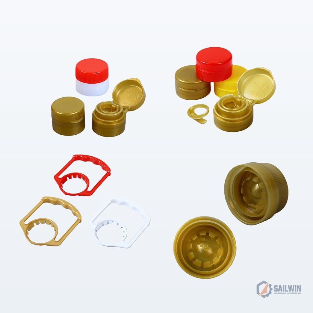 Luxury gold and red cosmetic flip caps with pouring spout and integrated handles Sailwin