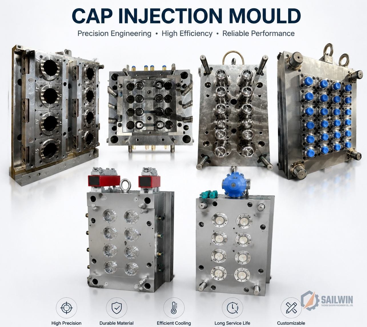 Multi-cavity precision bottle cap injection molds lineup with S136 stainless steel cores Sailwin