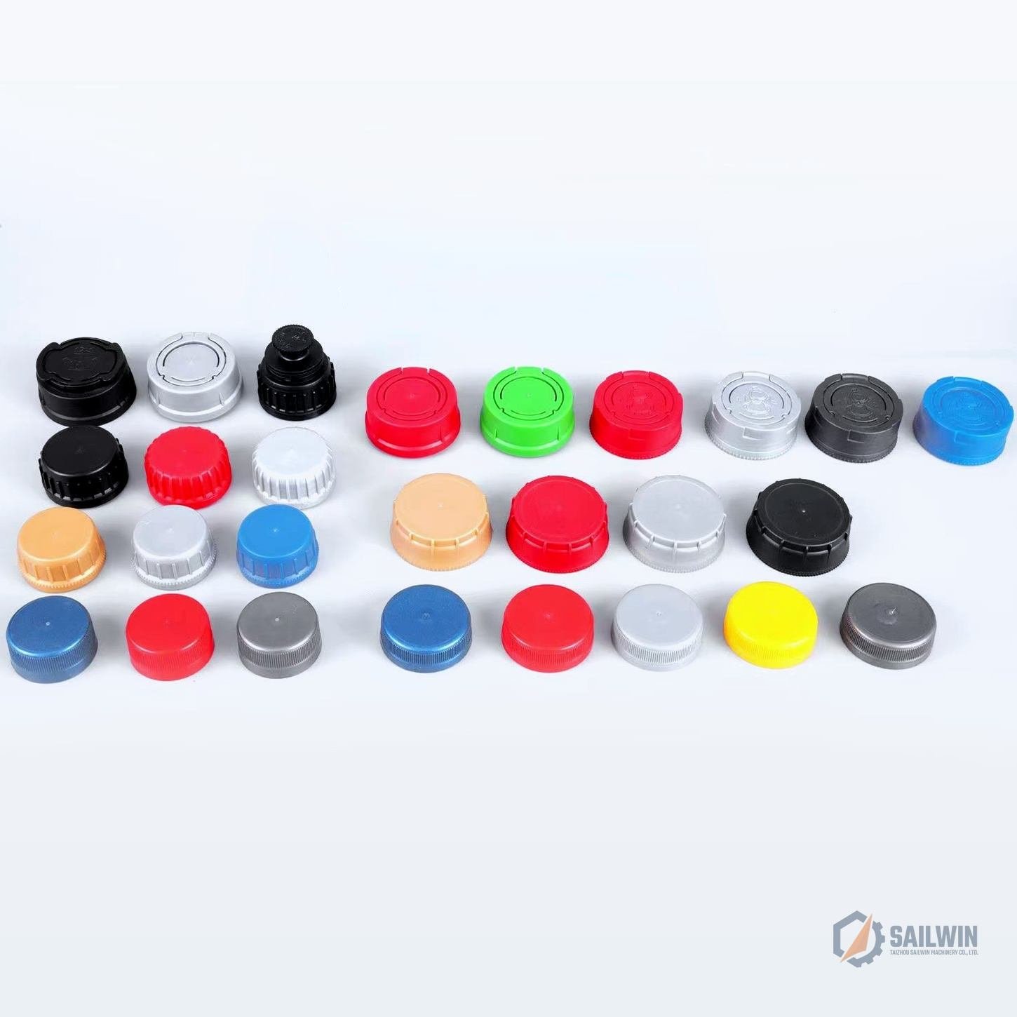 Multi-color lubricant bottle screw caps and pull-out spouts matrix on clean studio background Sailwin