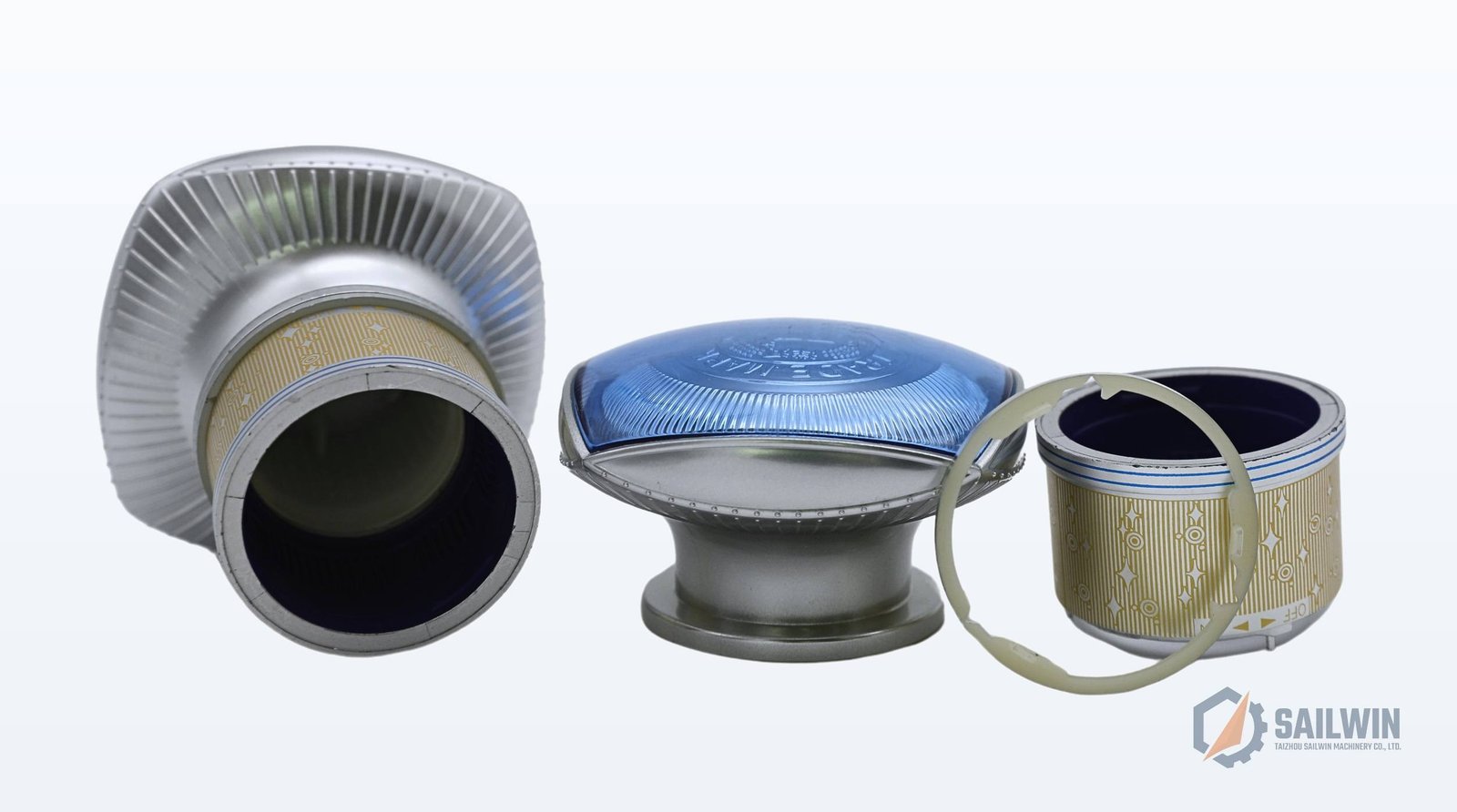 Multi-piece composite wine closure with metal knurled collar and dome Sailwin