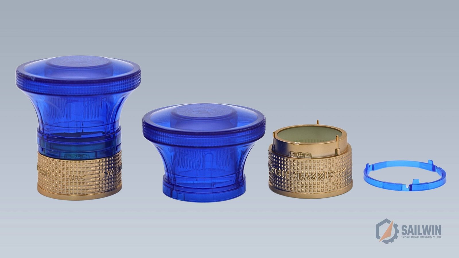 Multi-stage assembly sequence of luxury wine and spirits bottle cap showing progressive stations Sailwin