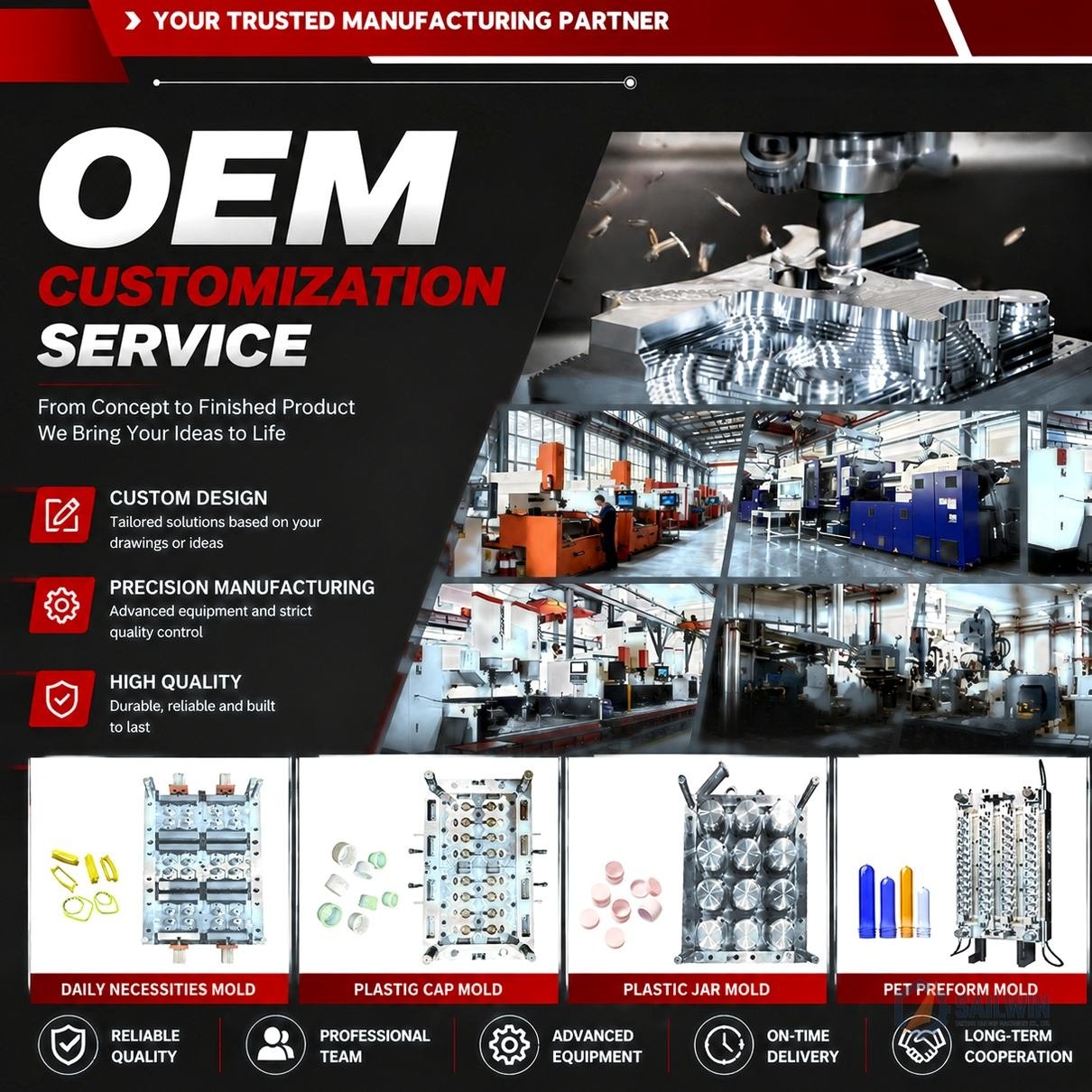 OEM customization service showing CNC milling EDM bays and injection mold matrix with blue floor Sailwin