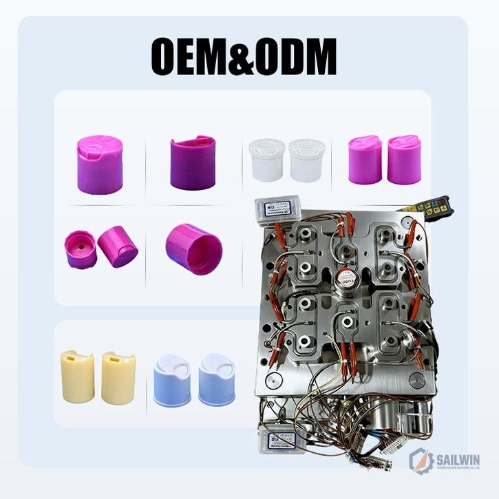 OEM and ODM hot runner cosmetic cap mold with multi-color cap samples and wiring Sailwin