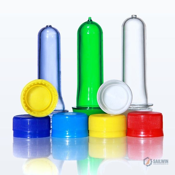PET bottle preforms with matching 28mm and 30mm plastic closure caps in yellow blue red Sailwin