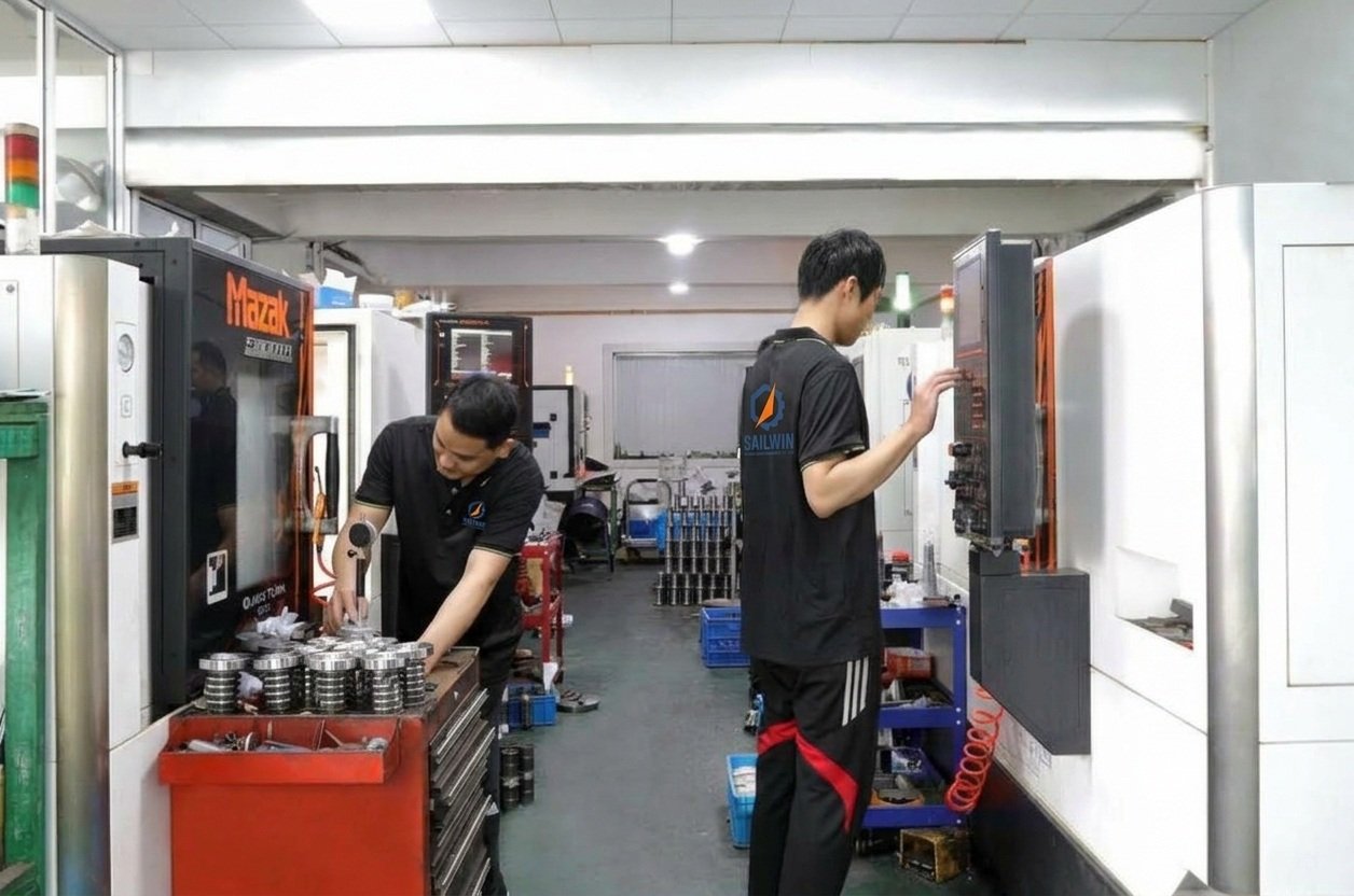 Sailwin CNC machining operators monitoring precision mold tooling and CMM dimensional inspection