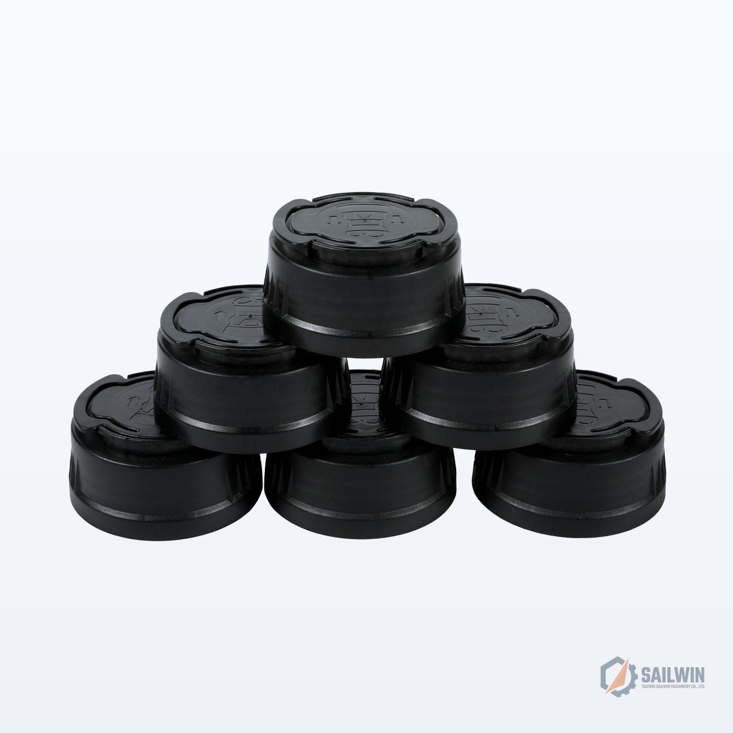 Stacked black lube oil telescopic spout closures with tamper-evident locking ring Sailwin